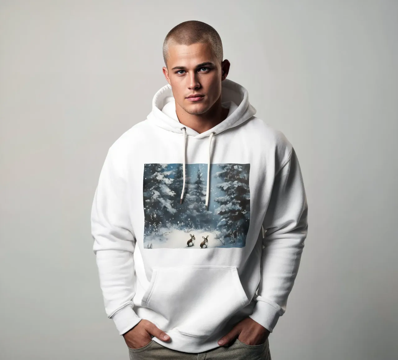 Poster invernale con lepri in una foresta innevata felpa con cappuccio da Studio Vibe