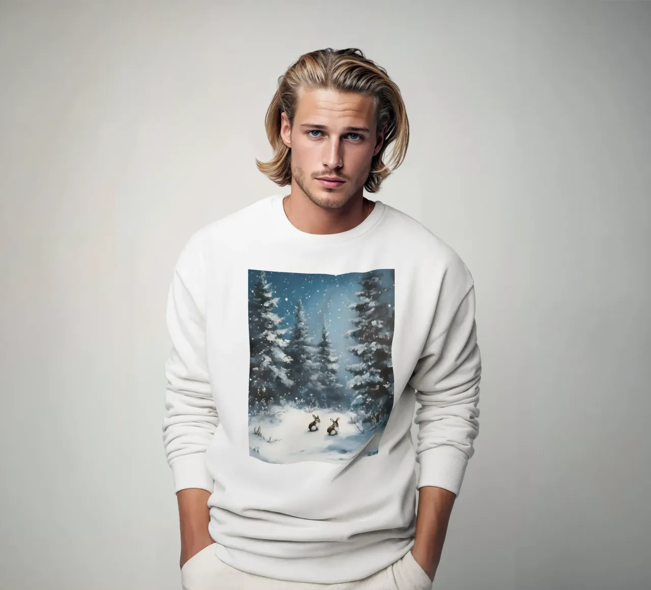 Poster invernale con lepri in una foresta innevata felpa da Studio Vibe