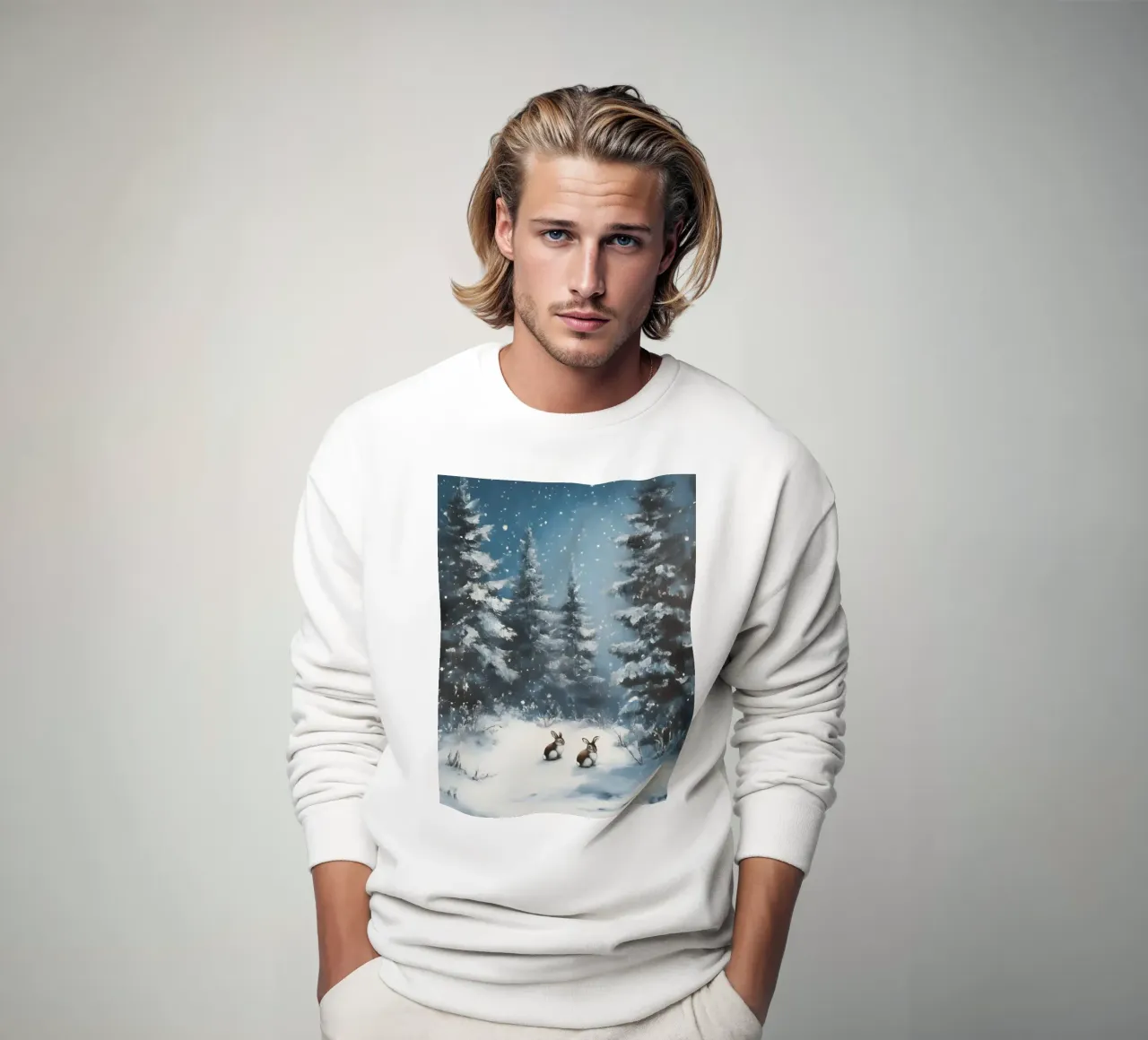 Poster invernale con lepri in una foresta innevata felpa da Studio Vibe