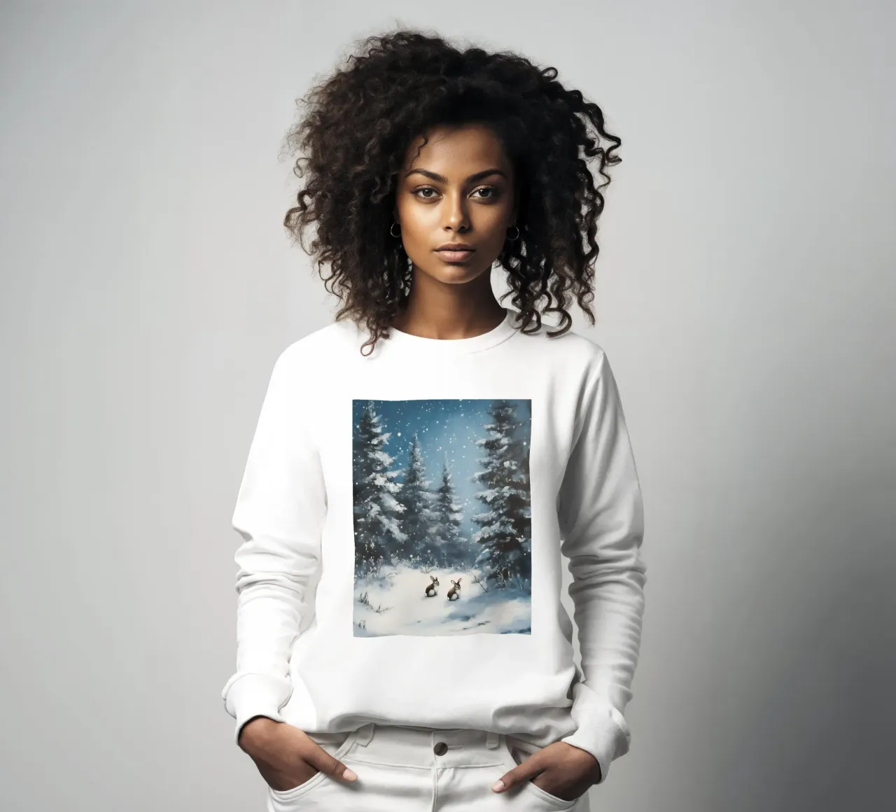 Poster invernale con lepri in una foresta innevata felpa da Studio Vibe