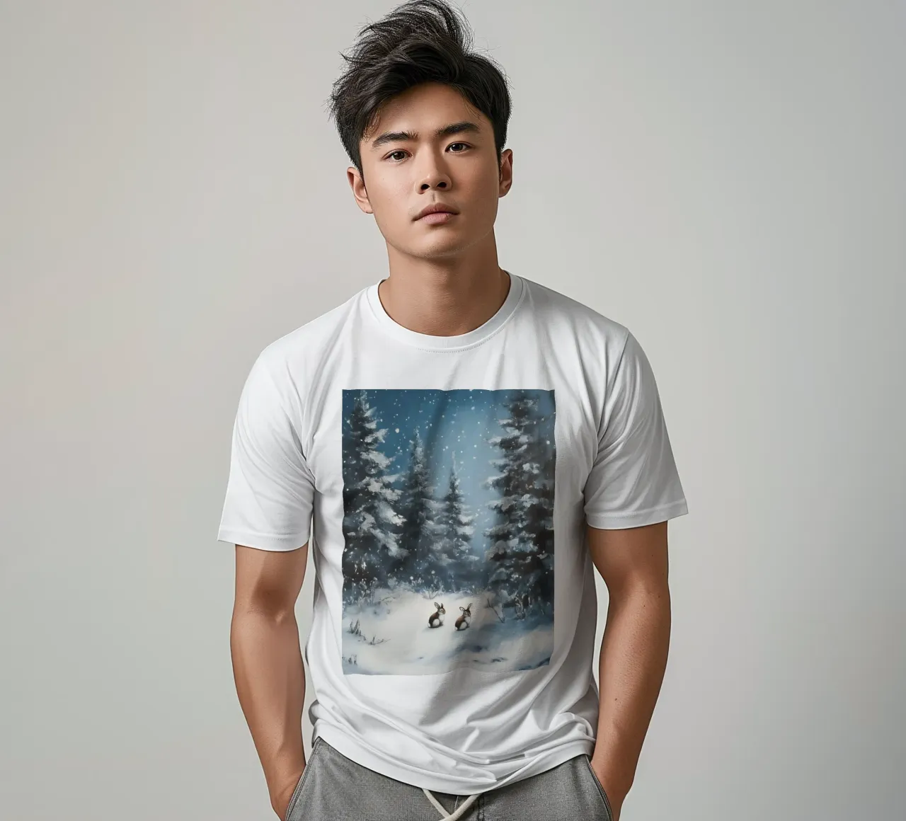 Poster invernale con lepri in una foresta innevata t-shirt da Studio Vibe