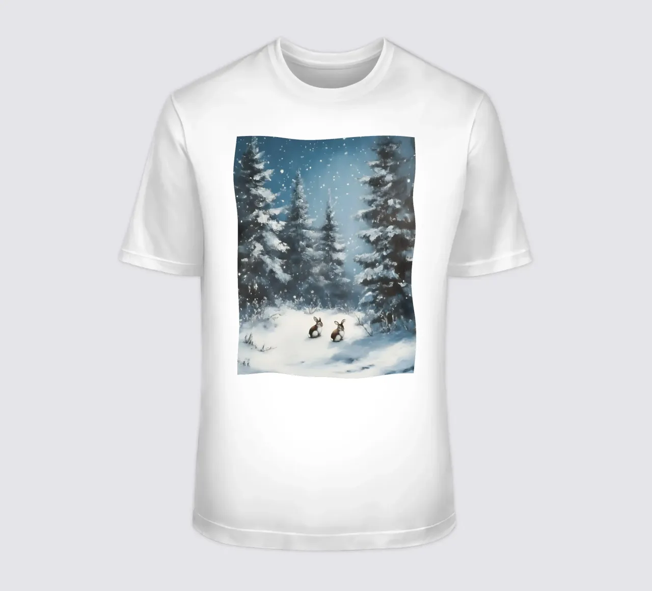 Poster invernale con lepri in una foresta innevata t-shirt da Studio Vibe