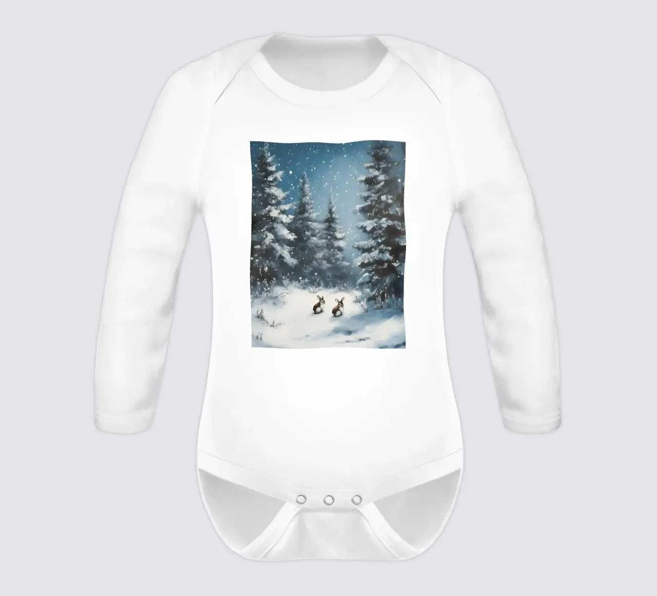 Poster invernale con lepri in una foresta innevata body neonato maniche lunghe da Studio Vibe