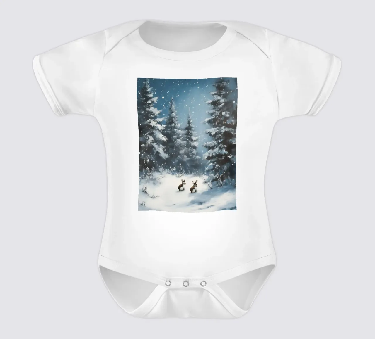 Poster invernale con lepri in una foresta innevata body neonato maniche corte da Studio Vibe