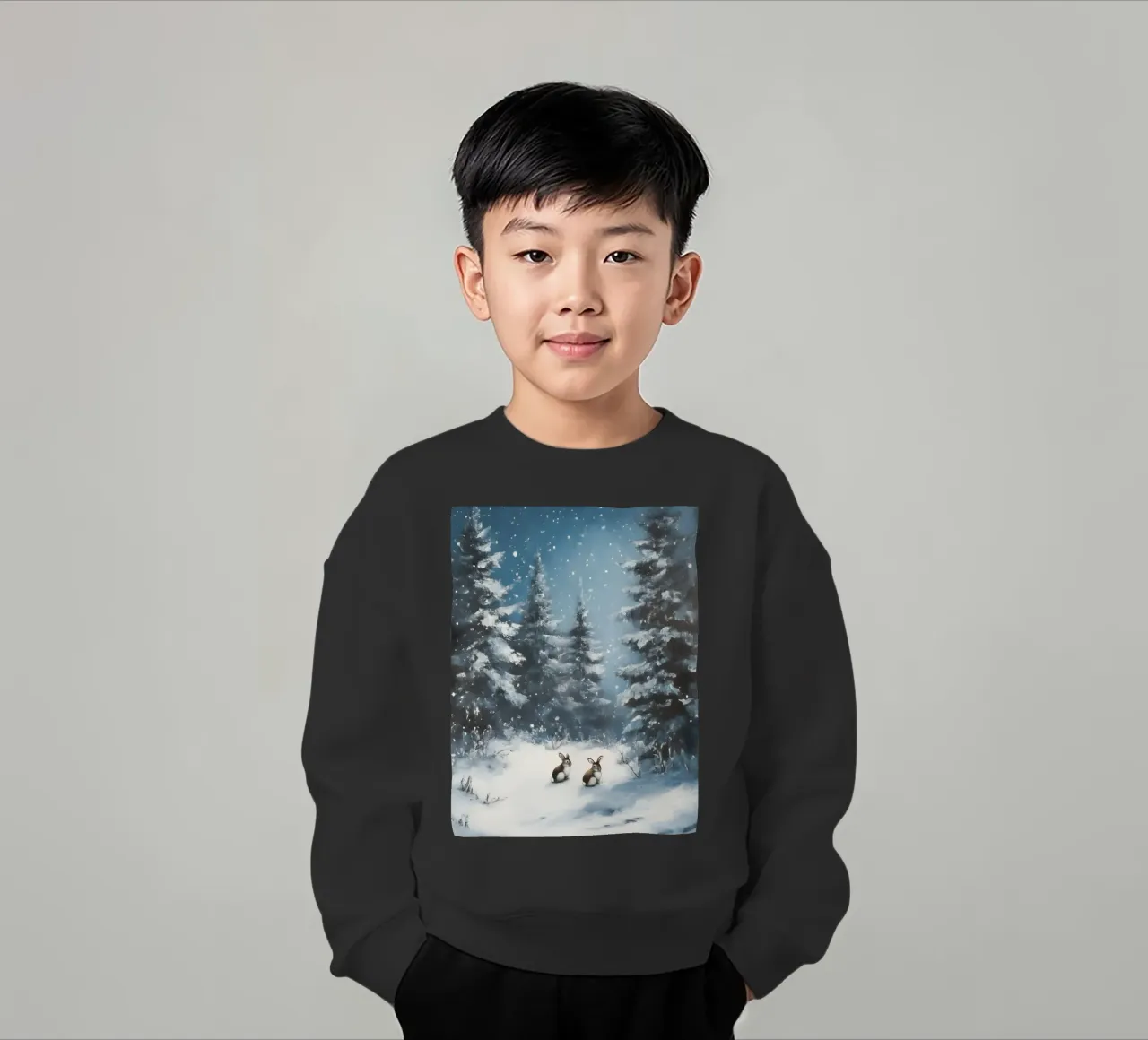 Poster invernale con lepri in una foresta innevata felpa bambino da Studio Vibe