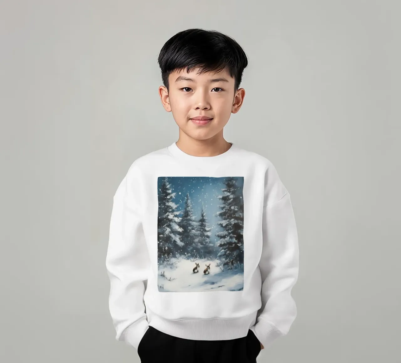 Poster invernale con lepri in una foresta innevata felpa bambino da Studio Vibe