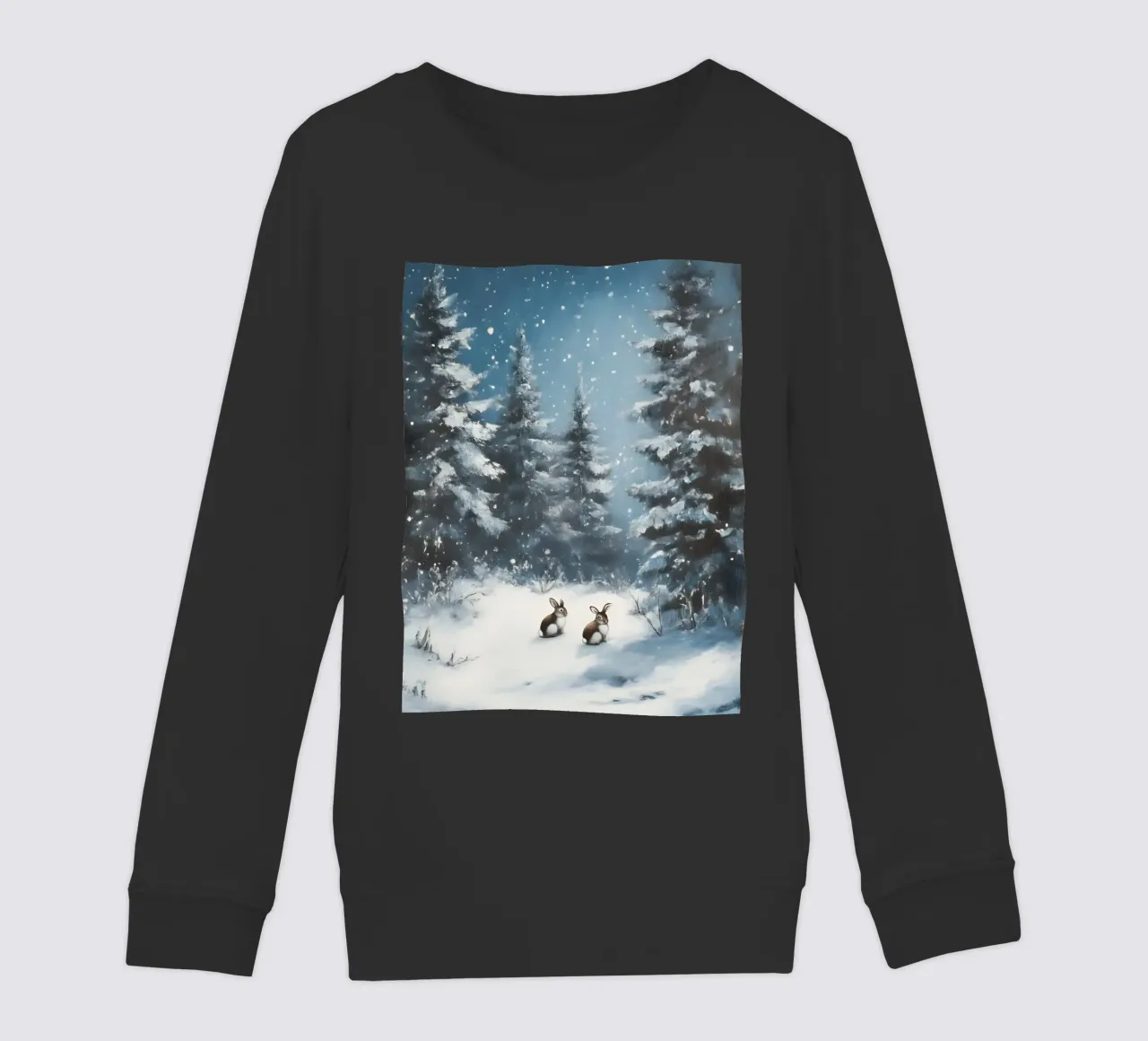Poster invernale con lepri in una foresta innevata felpa bambino da Studio Vibe