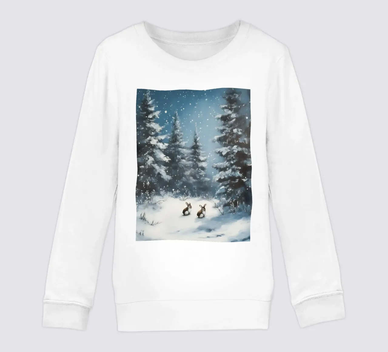 Poster invernale con lepri in una foresta innevata felpa bambino da Studio Vibe