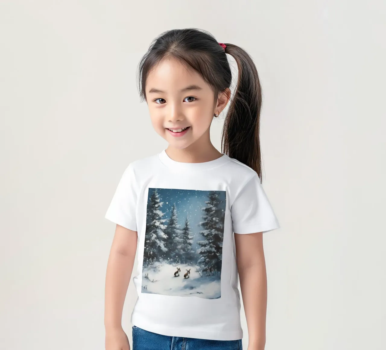 Poster invernale con lepri in una foresta innevata t-shirt bambini da Studio Vibe