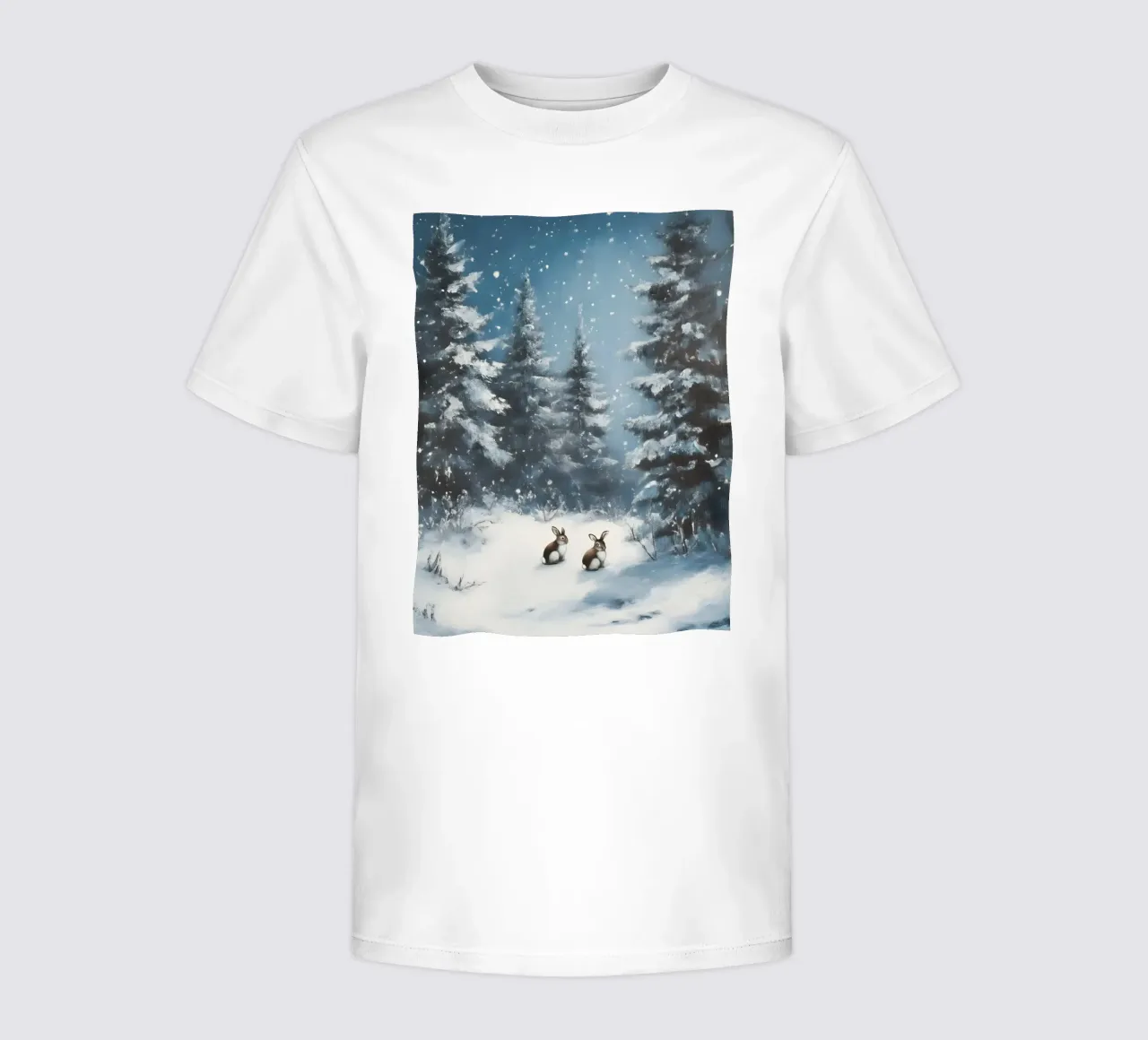 Poster invernale con lepri in una foresta innevata t-shirt bambini da Studio Vibe