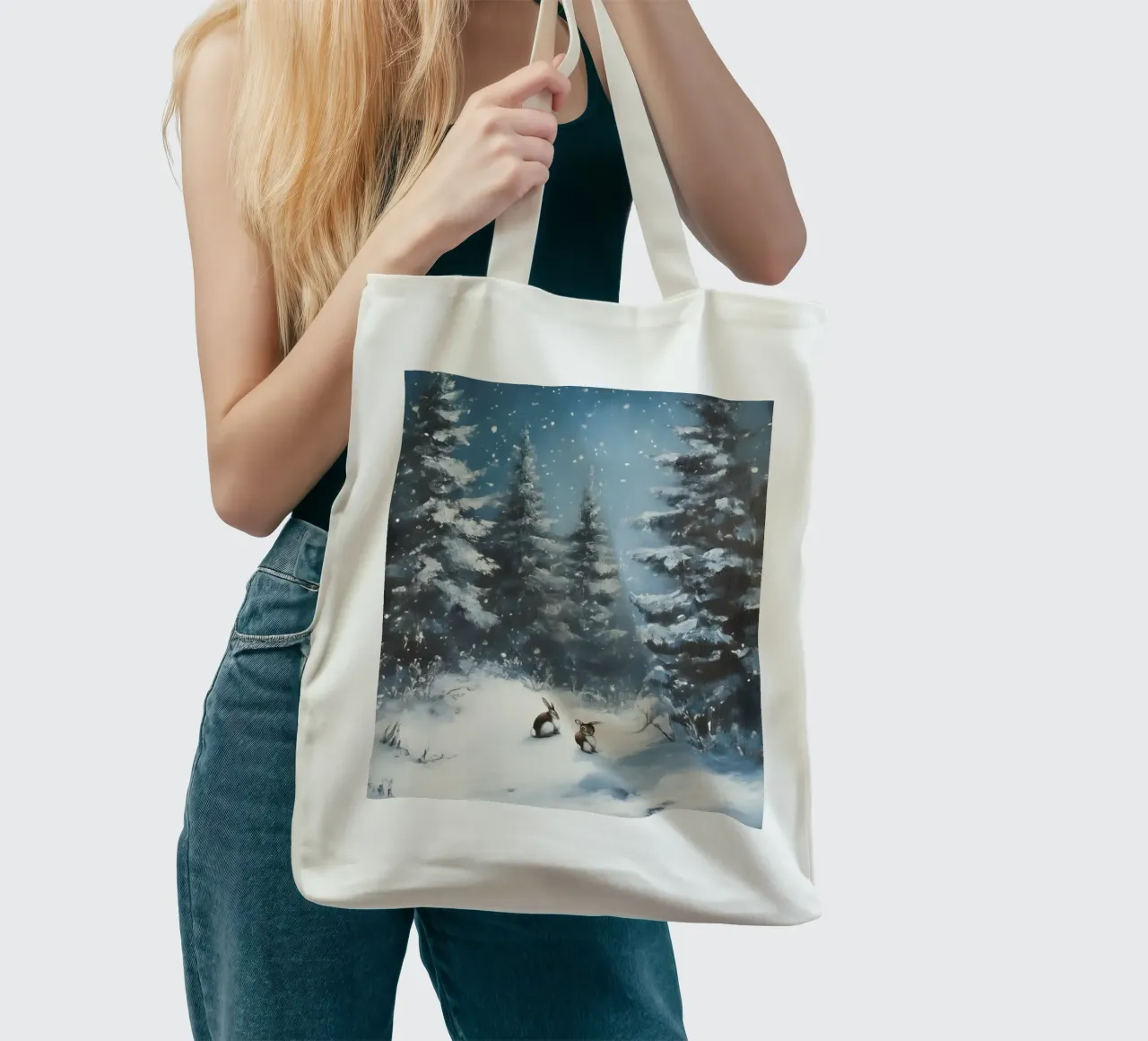 Poster invernale con lepri in una foresta innevata borsa in juta da Studio Vibe