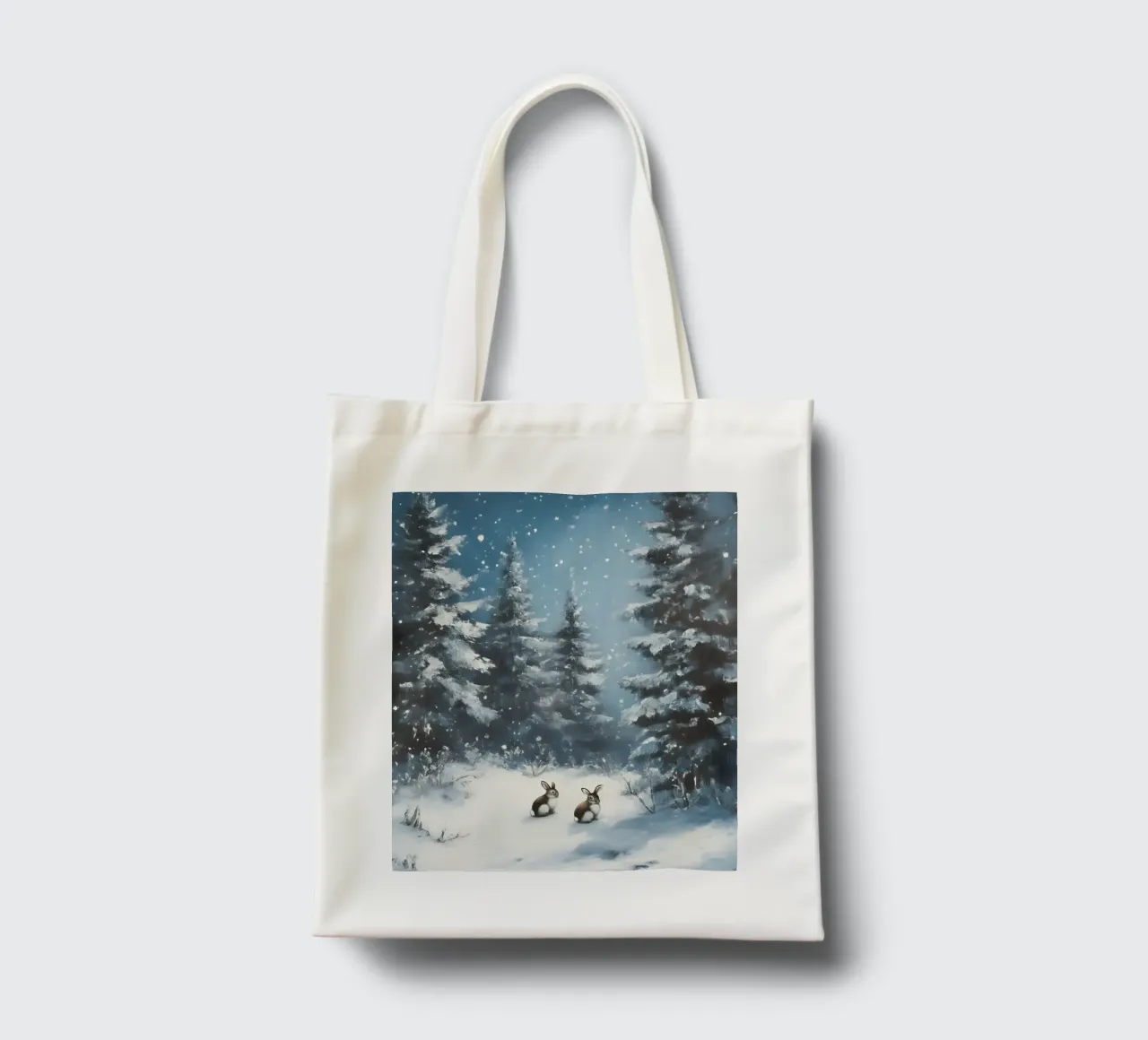 Poster invernale con lepri in una foresta innevata borsa in juta da Studio Vibe