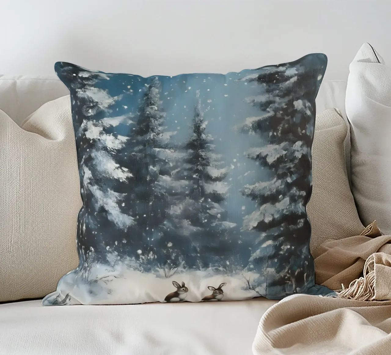 Poster invernale con lepri in una foresta innevata cuscino da Studio Vibe