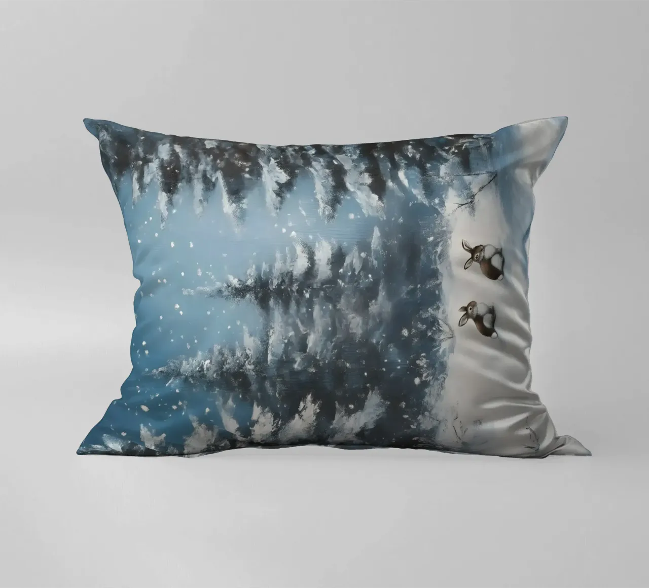 Poster invernale con lepri in una foresta innevata cuscino da Studio Vibe