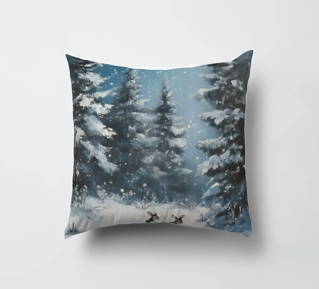 Poster invernale con lepri in una foresta innevata cuscino da Studio Vibe