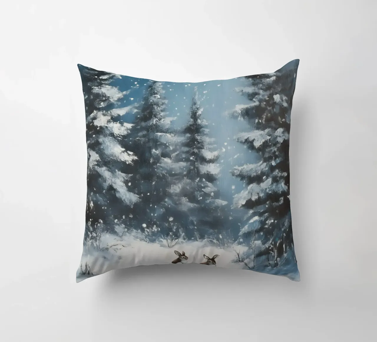 Poster invernale con lepri in una foresta innevata cuscino da Studio Vibe