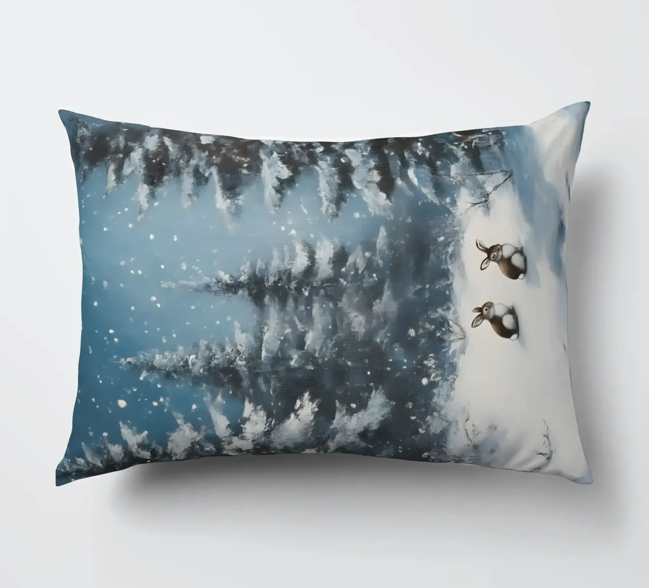 Poster invernale con lepri in una foresta innevata cuscino da Studio Vibe