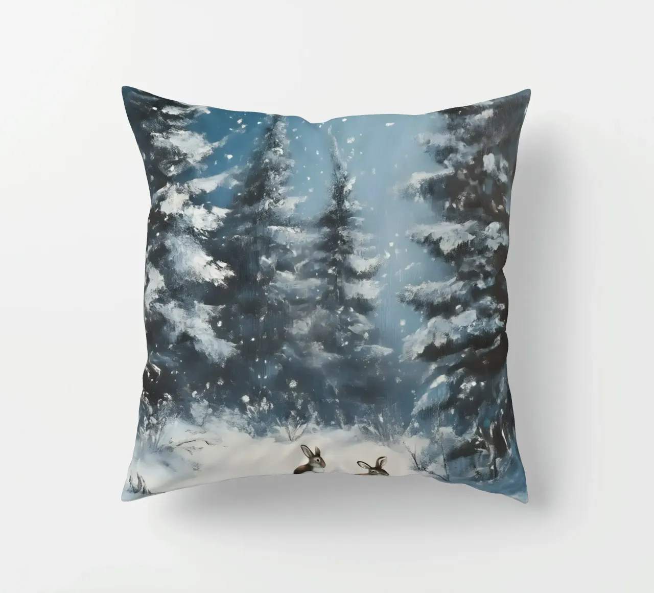 Poster invernale con lepri in una foresta innevata cuscino da Studio Vibe