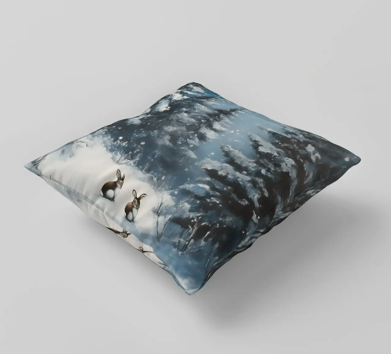 Poster invernale con lepri in una foresta innevata cuscino da Studio Vibe