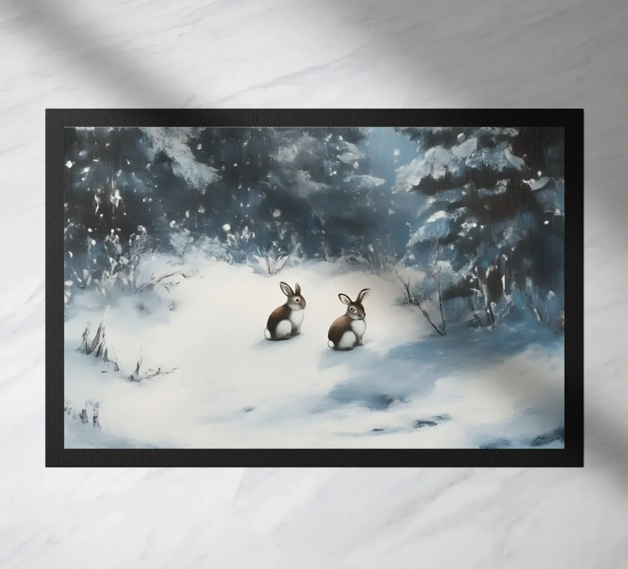 Poster invernale con lepri in una foresta innevata zerbino da Studio Vibe