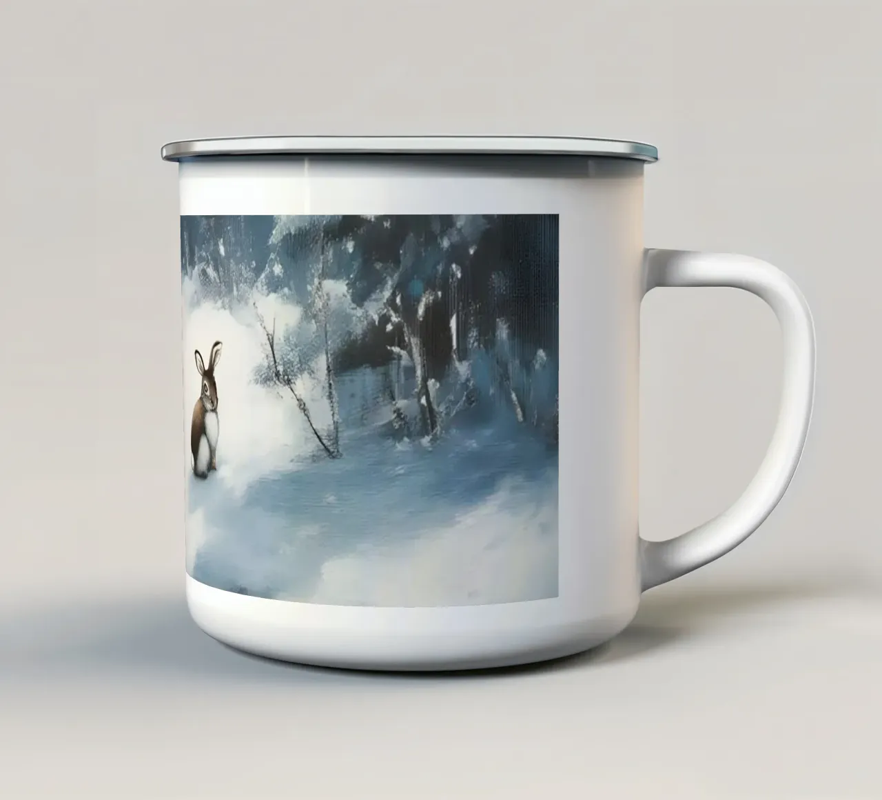 Poster invernale con lepri in una foresta innevata tazza in smalto da Studio Vibe