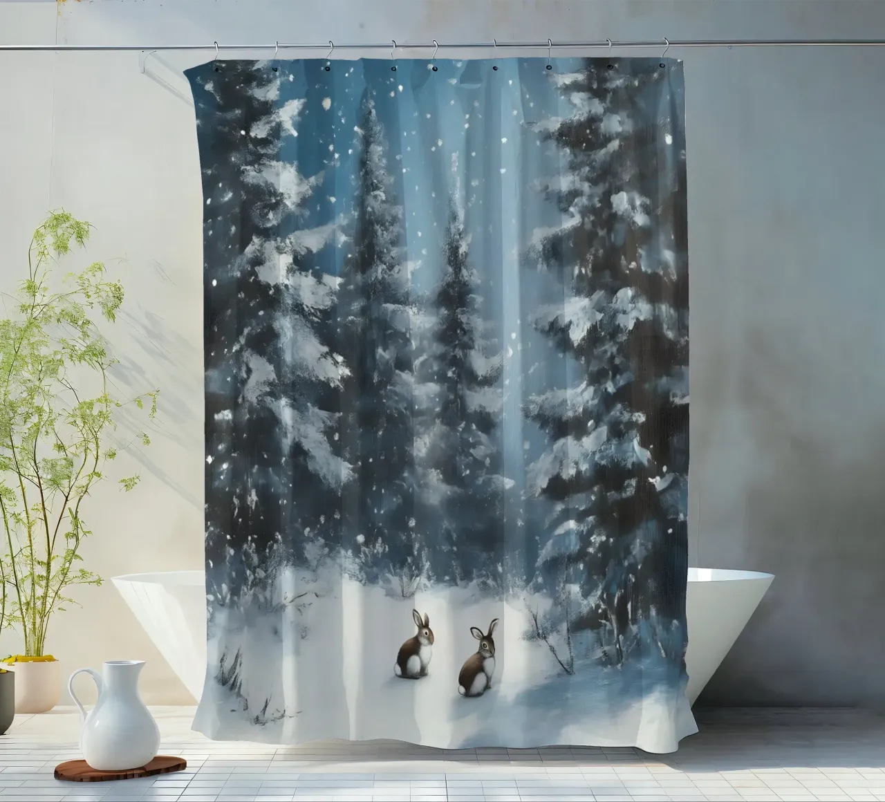 Poster invernale con lepri in una foresta innevata tenda da doccia da Studio Vibe