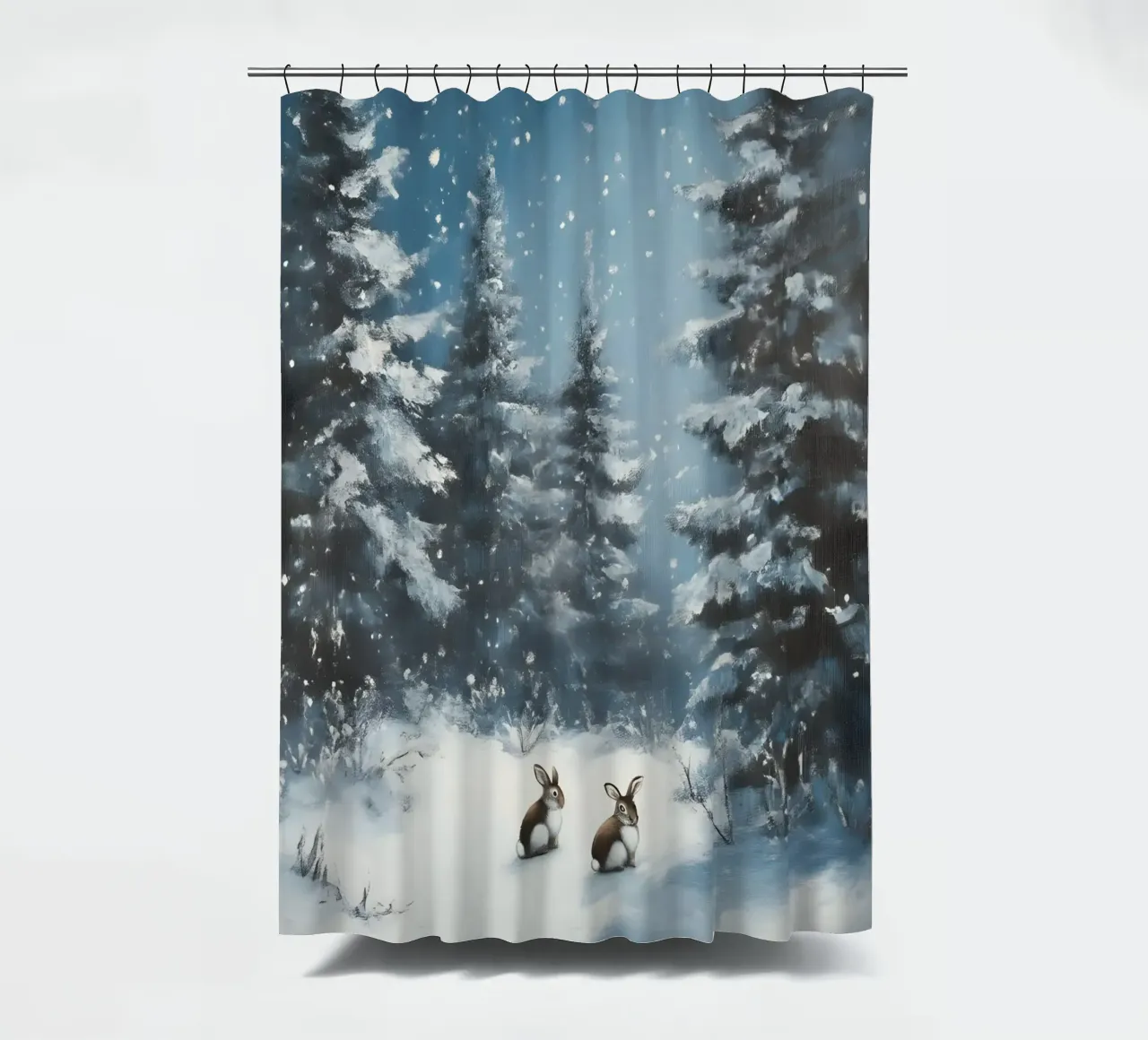 Poster invernale con lepri in una foresta innevata tenda da doccia da Studio Vibe