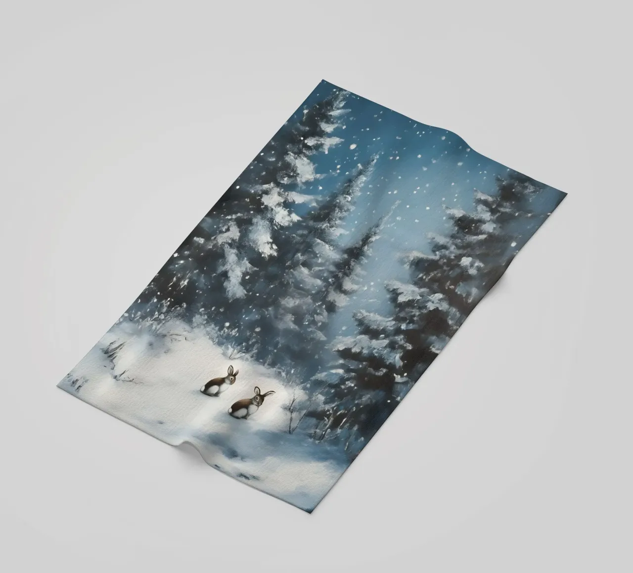 Poster invernale con lepri in una foresta innevata telo mare da Studio Vibe