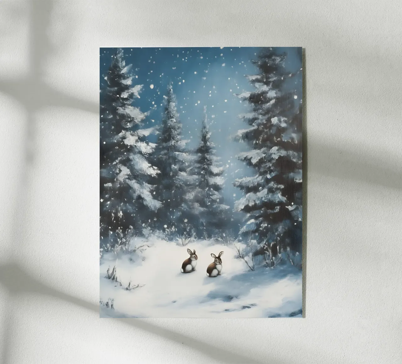 Poster invernale con lepri in una foresta innevata plexiglass da Studio Vibe