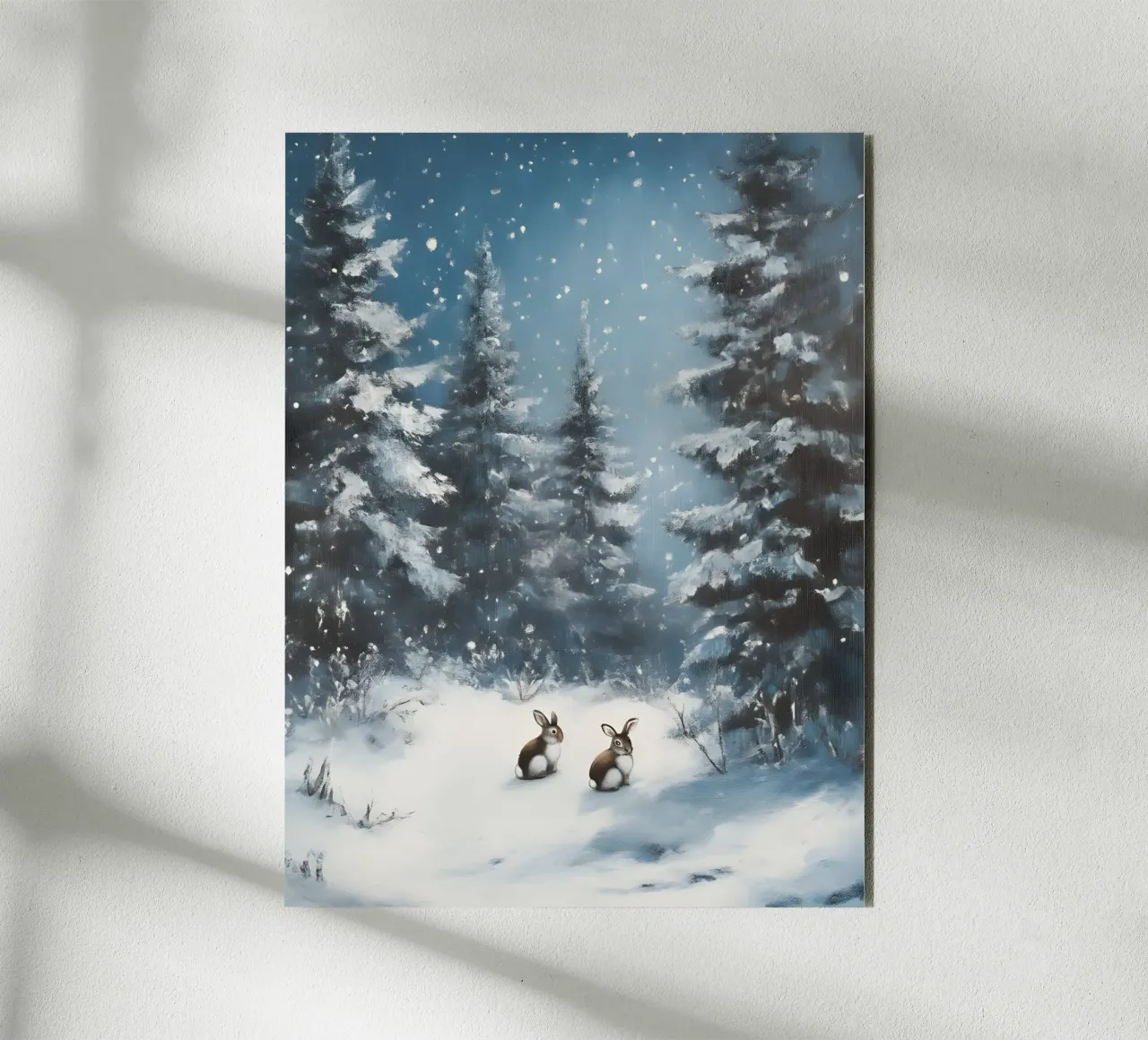 Poster invernale con lepri in una foresta innevata alluminio dibond da Studio Vibe