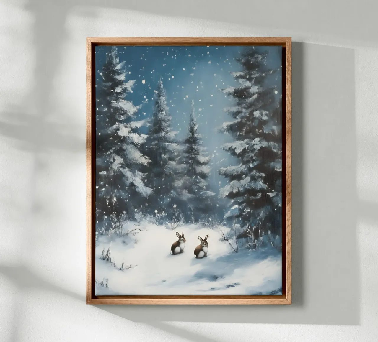 Póster invernal con liebres en un bosque nevado lienzo con Marco flotante de Studio Vibe