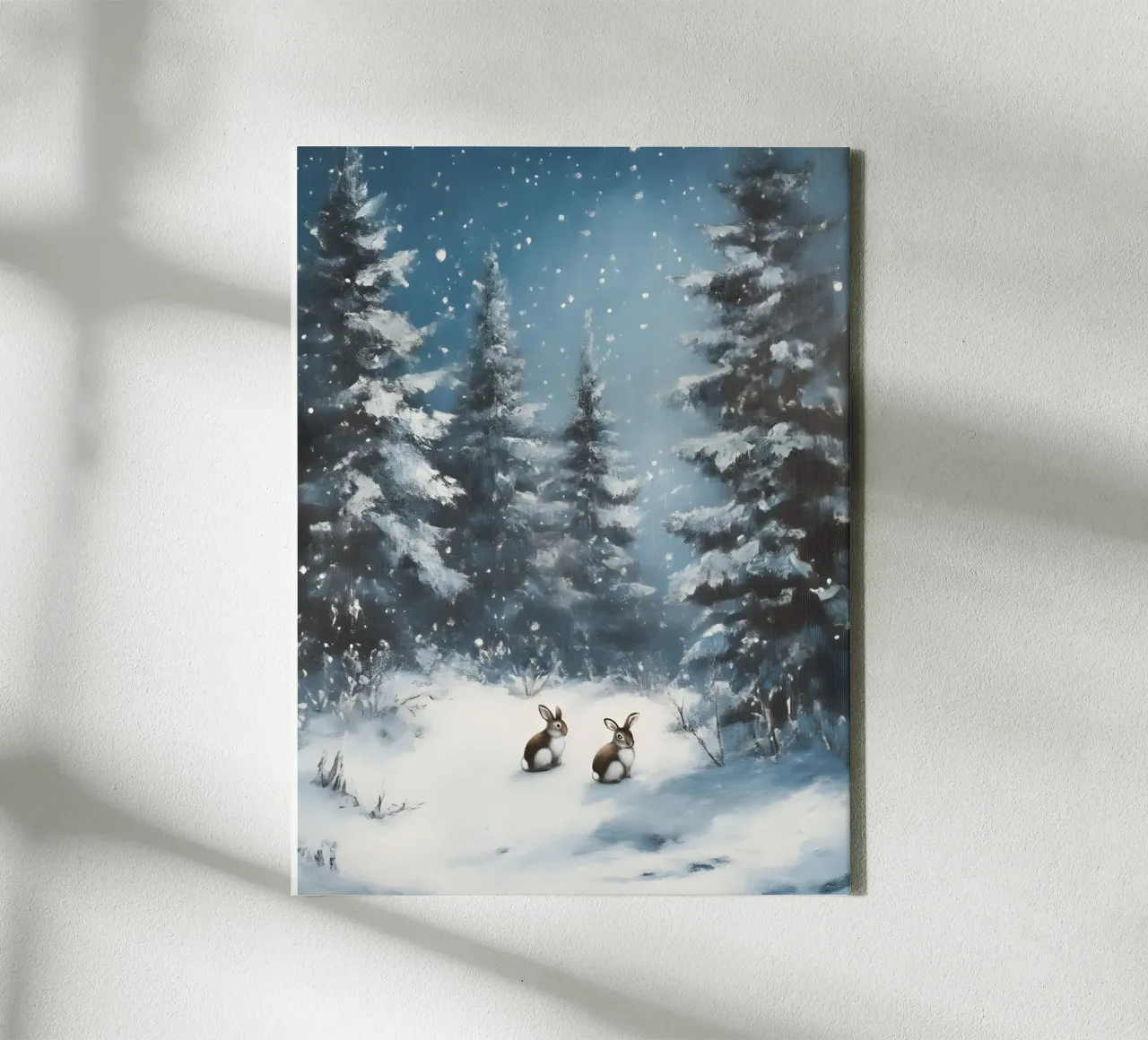 Póster invernal con liebres en un bosque nevado lienzo con Marco flotante de Studio Vibe