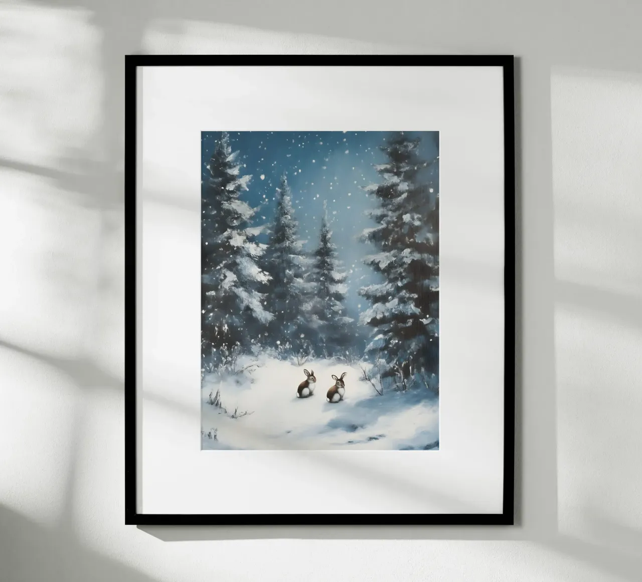 Poster invernale con lepri in una foresta innevata poster con telaio in legno da Studio Vibe
