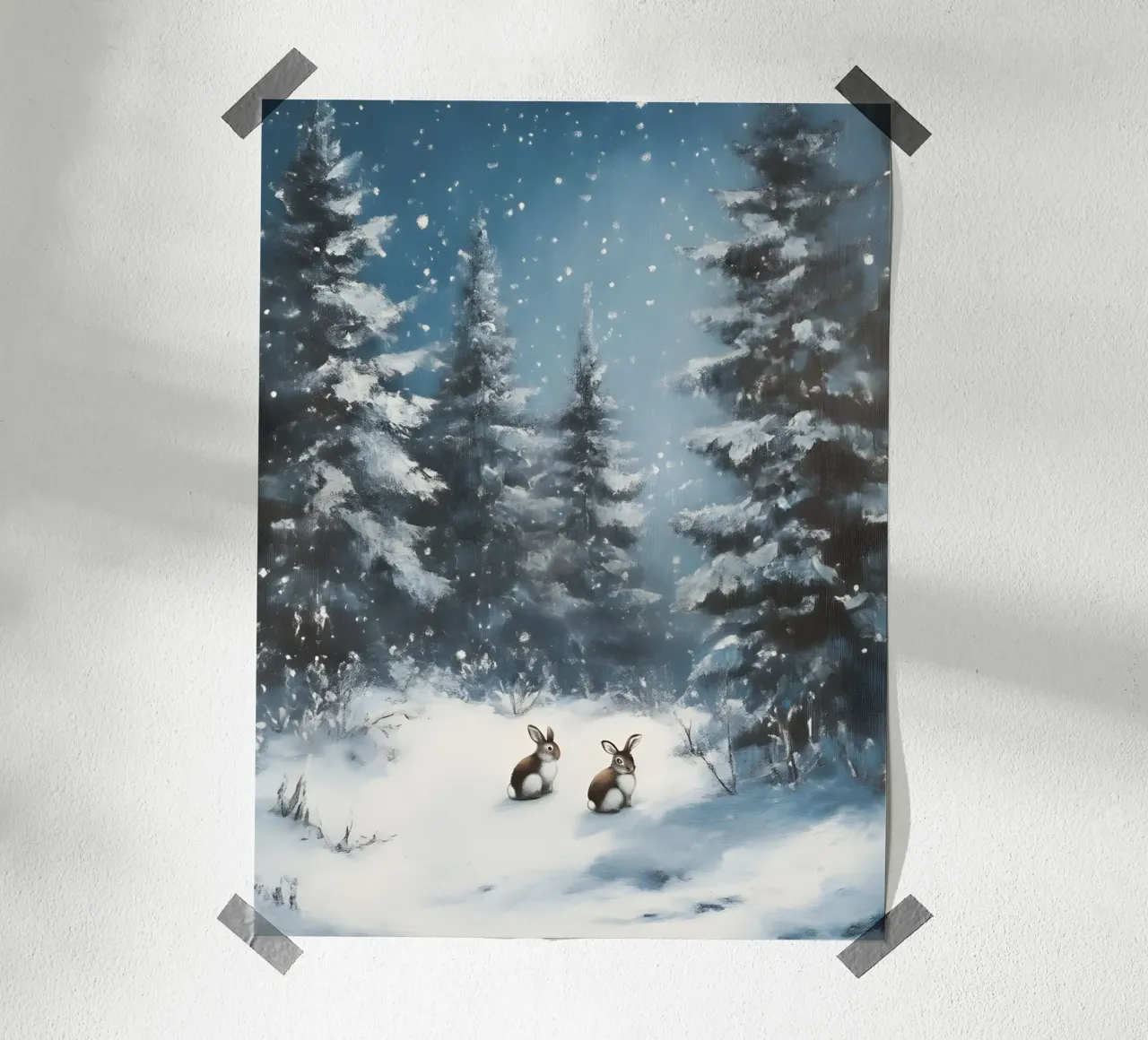 Poster invernale con lepri in una foresta innevata poster con telaio in legno da Studio Vibe