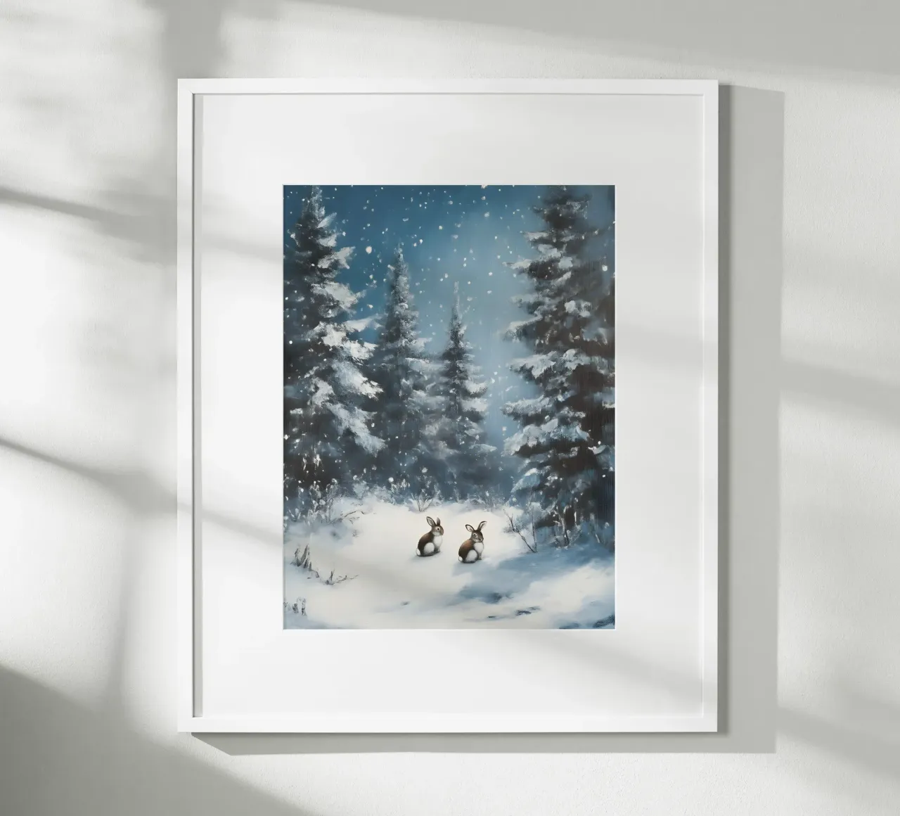 Poster invernale con lepri in una foresta innevata poster con telaio in legno da Studio Vibe