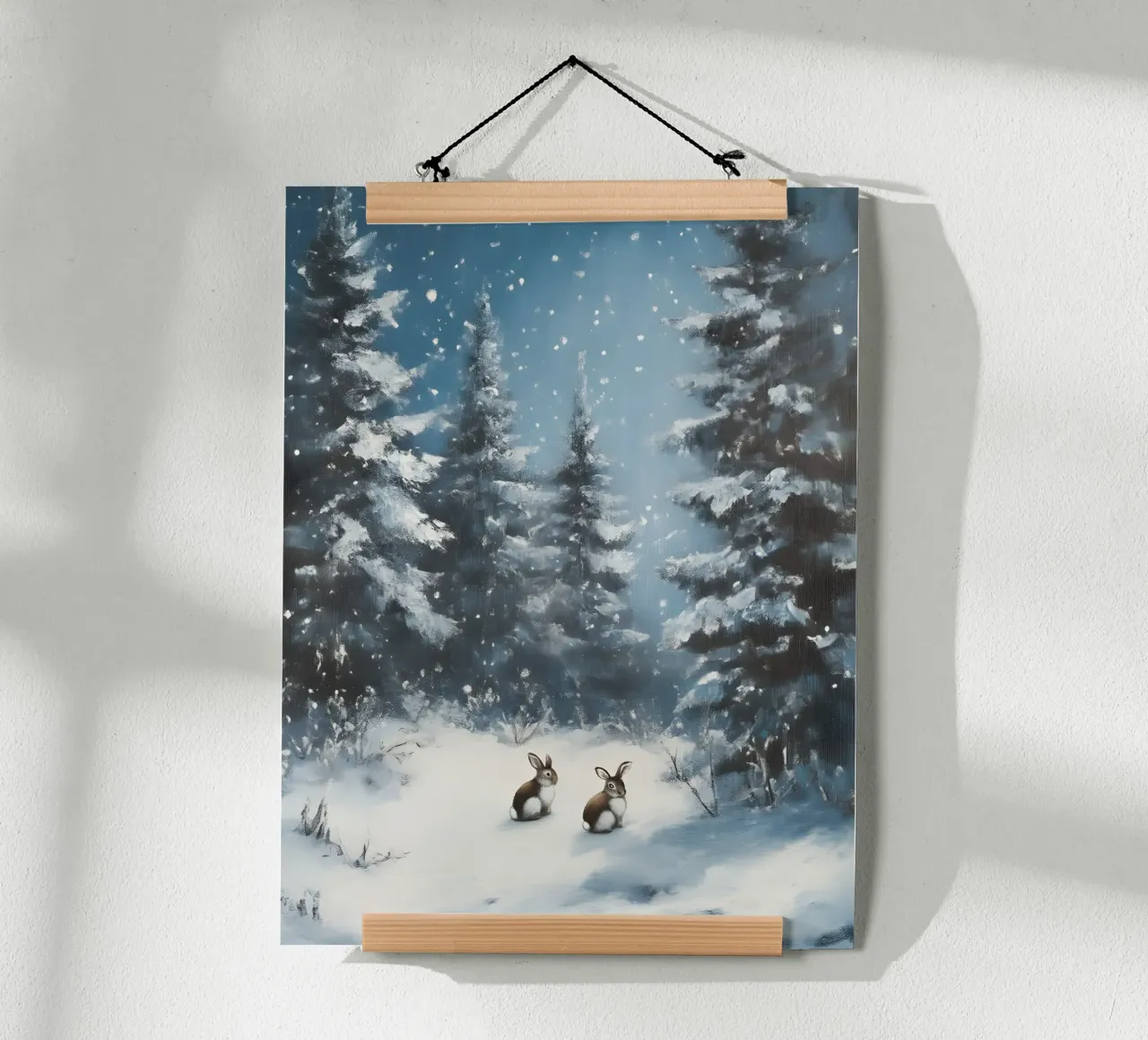 Poster invernale con lepri in una foresta innevata poster con telaio in legno da Studio Vibe