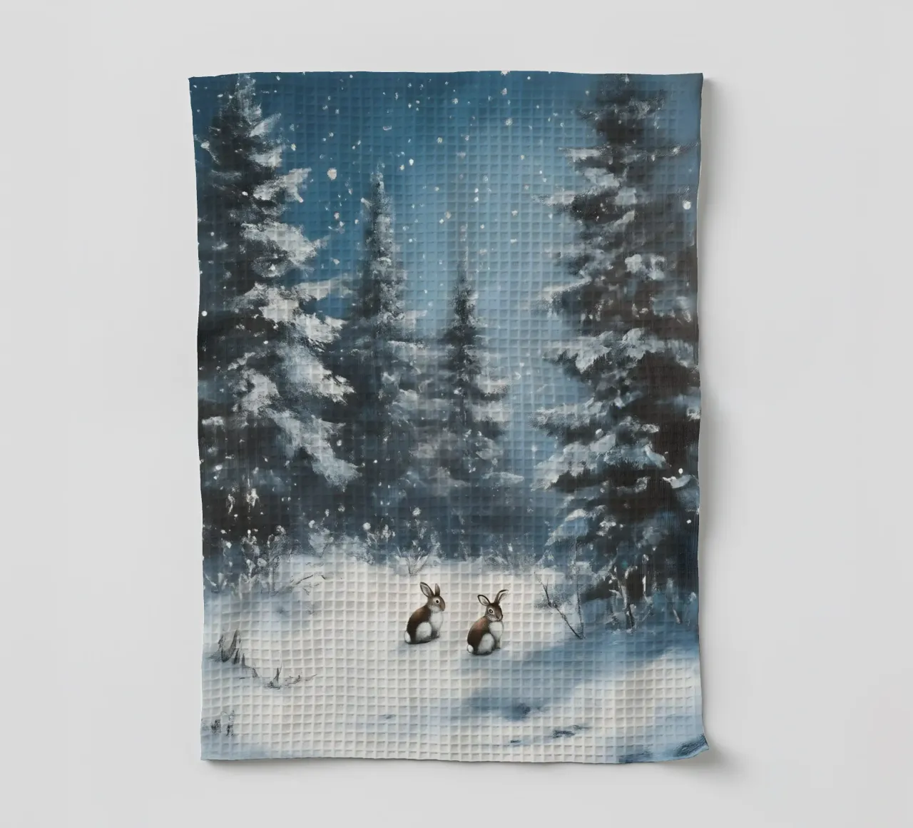 Poster invernale con lepri in una foresta innevata canovaccio da cucina da Studio Vibe