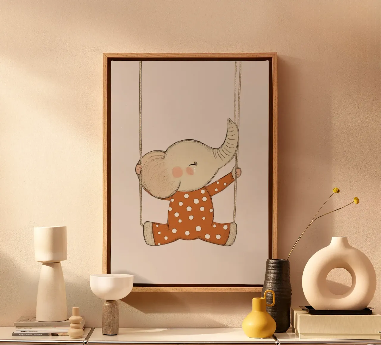 Poster de chambre d'enfant Éléphant mignon sur une balançoire toile avec Caisse américaine de vintagepod