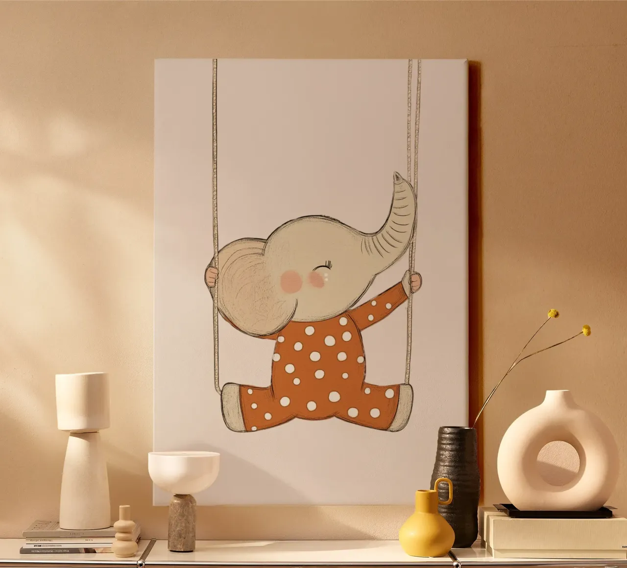 Poster de chambre d'enfant Éléphant mignon sur une balançoire toile avec Caisse américaine de vintagepod