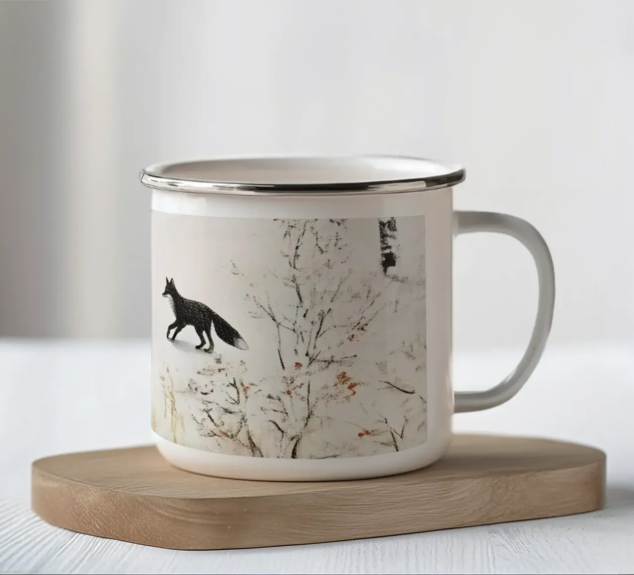 Poster paesaggio invernale con volpe e uccello nella neve tazza in smalto da Studio Vibe