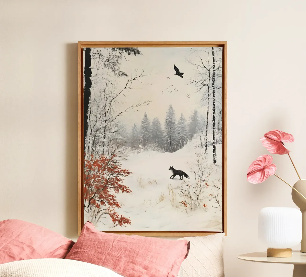 Winter landscape poster with fox and bird in the snow canvas with Floater frame by Studio Vibe