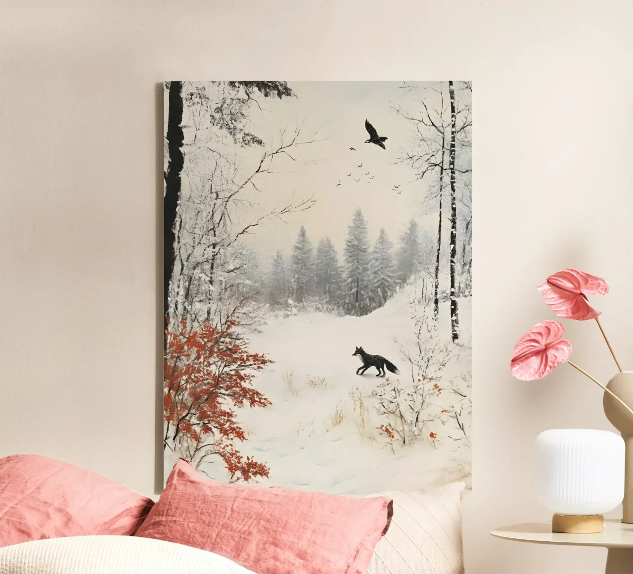 Winter landscape poster with fox and bird in the snow canvas with Floater frame by Studio Vibe