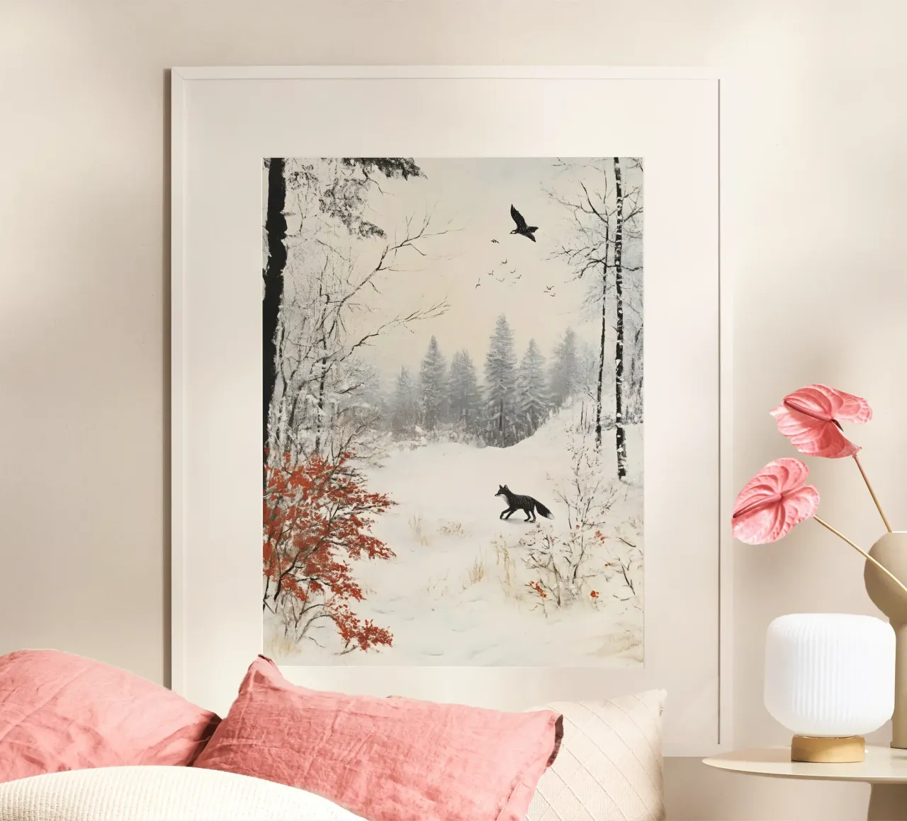Póster de paisaje invernal con zorro y pájaro en la nieve poster de Studio Vibe