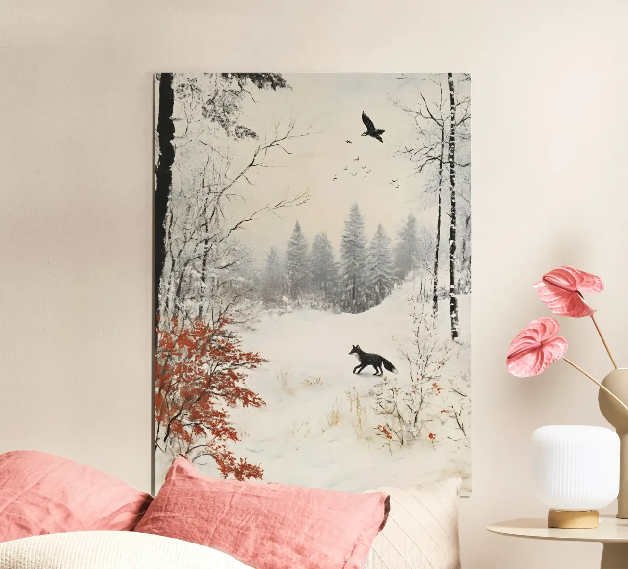 Póster de paisaje invernal con zorro y pájaro en la nieve poster de Studio Vibe