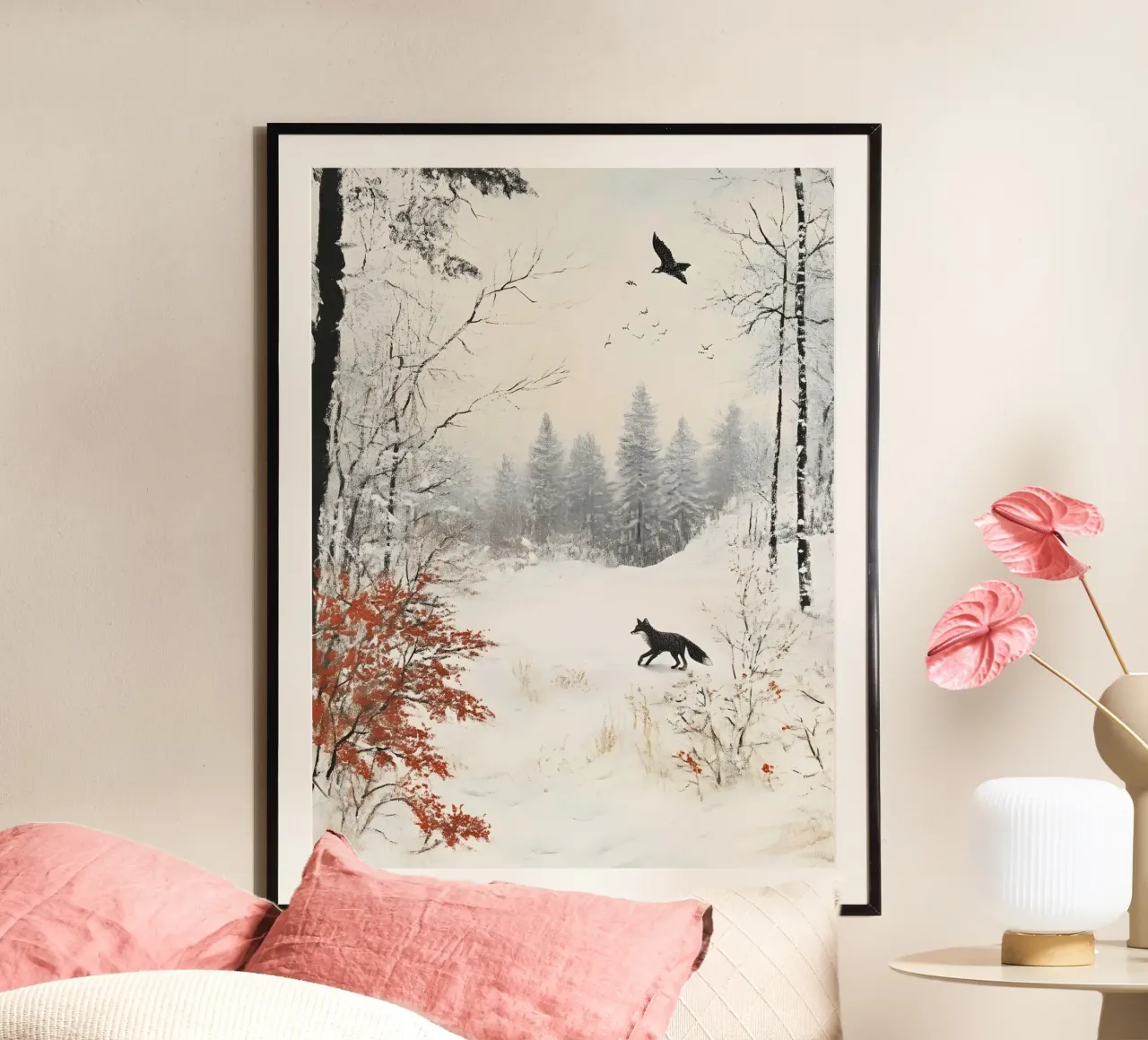 Póster de paisaje invernal con zorro y pájaro en la nieve poster de Studio Vibe