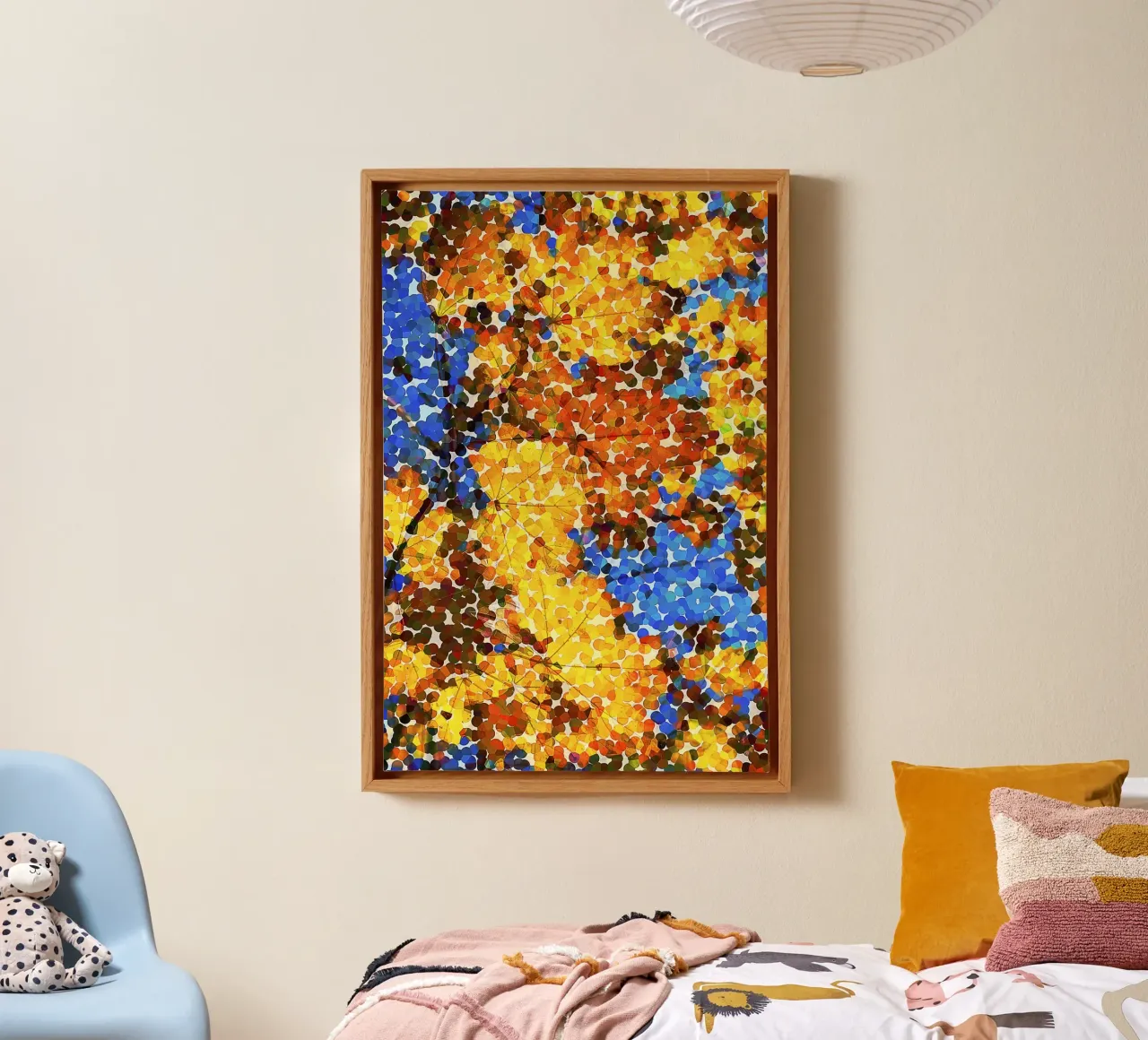 Abstract Pointillism – Autumn Leaves in Colorful Dots canvas with Floater frame by jay