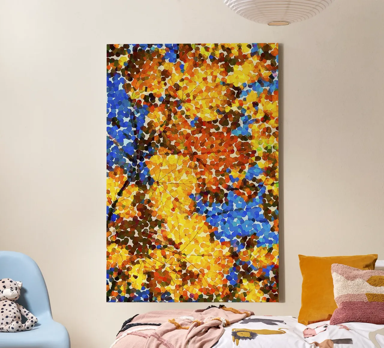 Abstract Pointillism – Autumn Leaves in Colorful Dots canvas with Floater frame by jay