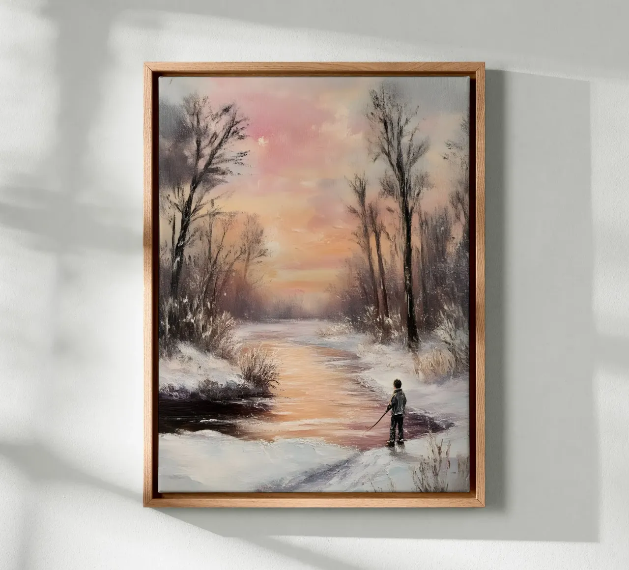 Poster paesaggio invernale - Tramonto in riva al fiume tela con Cornice a cassetta da Studio Vibe