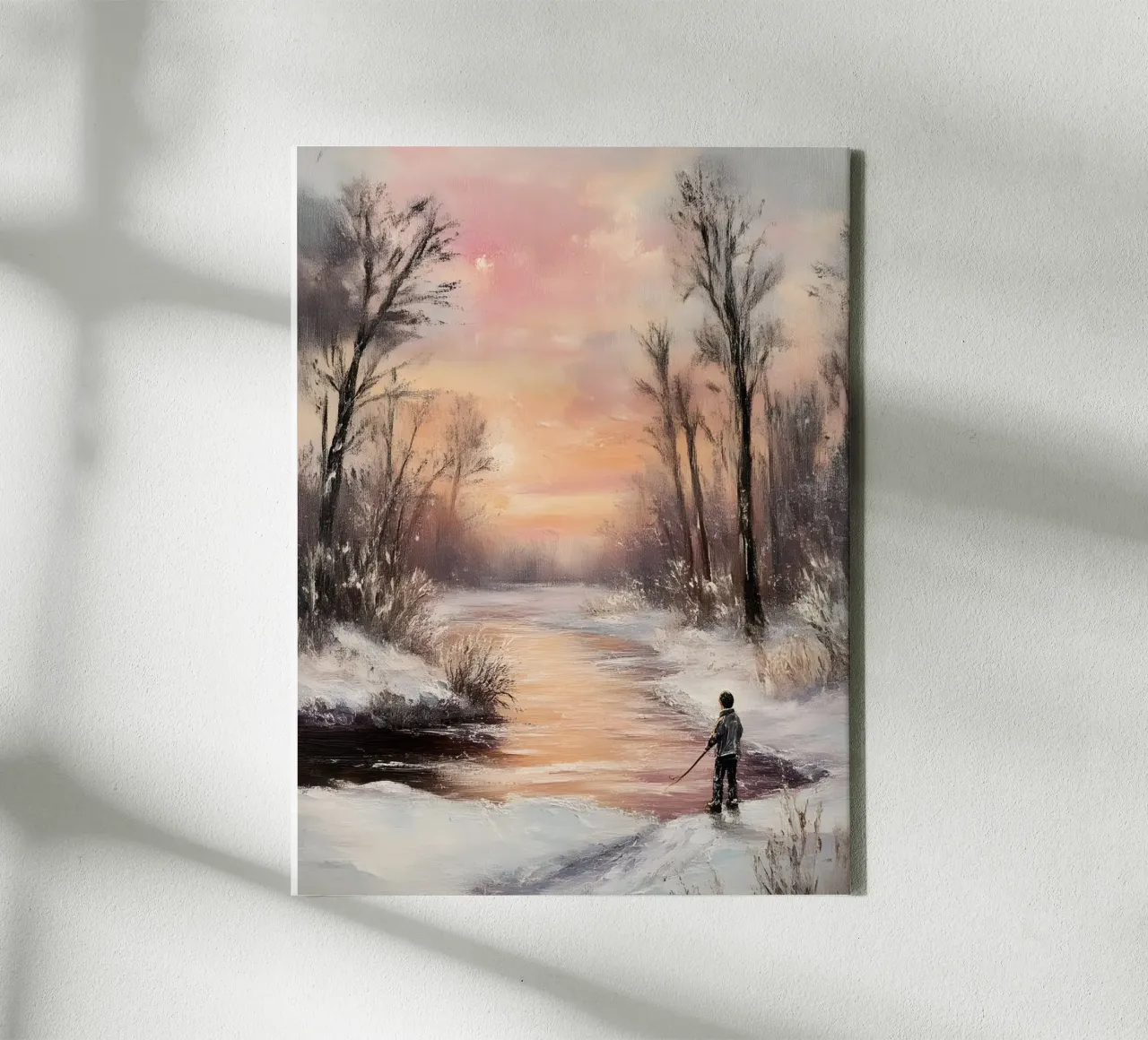 Poster paesaggio invernale - Tramonto in riva al fiume tela con Cornice a cassetta da Studio Vibe