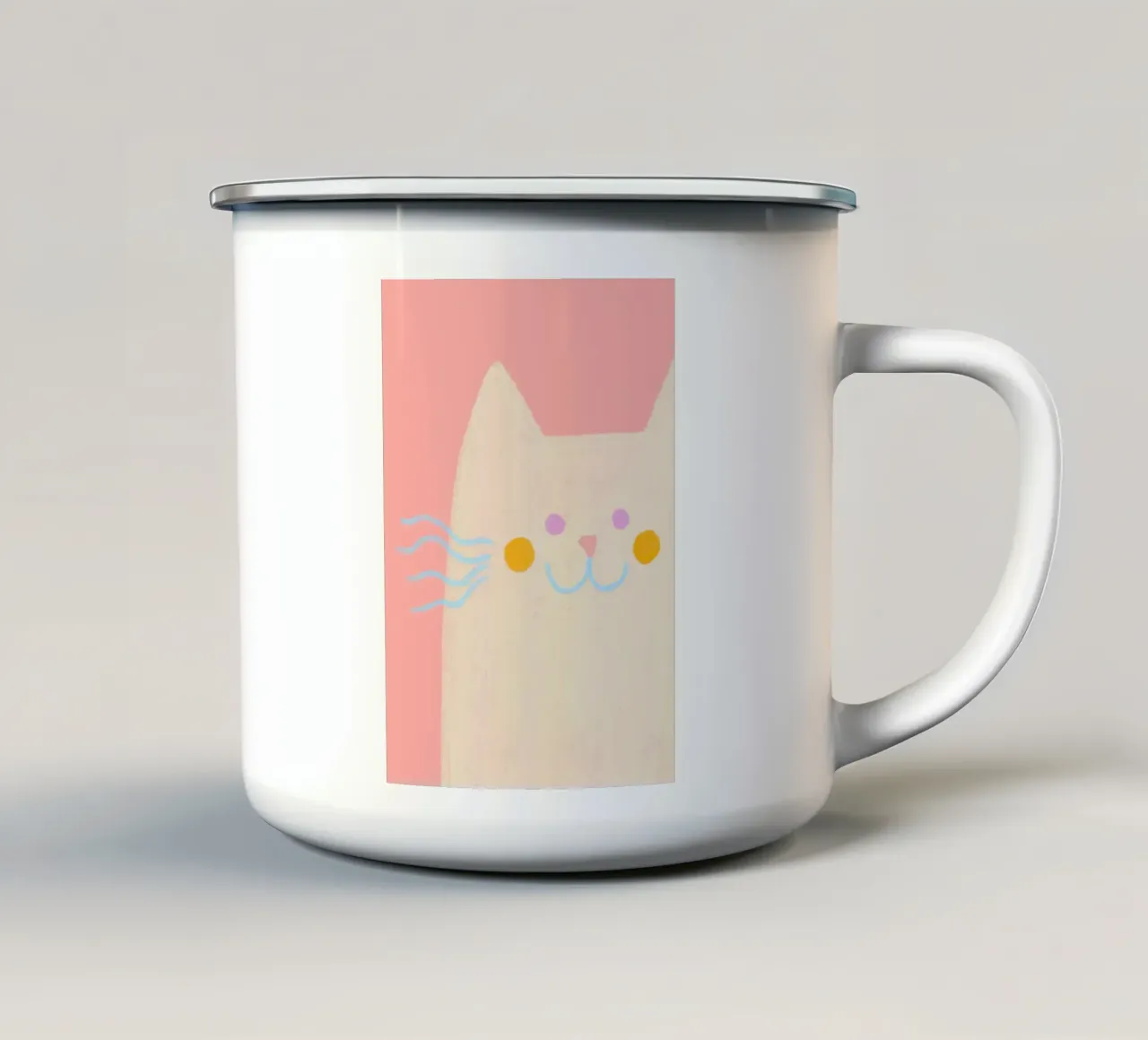 Poster rosa con faccia di gatto minimalista tazza in smalto da vintagepod
